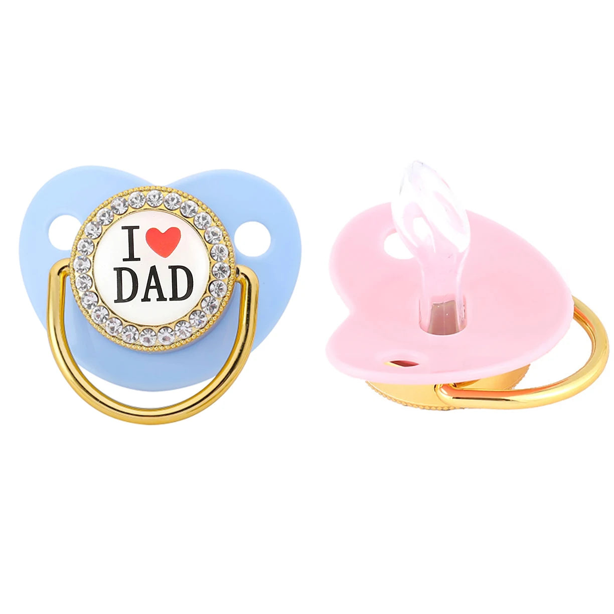 Babyschnuller I ❤️Dad,I ❤️Mum rosa und blau mit Golddetails